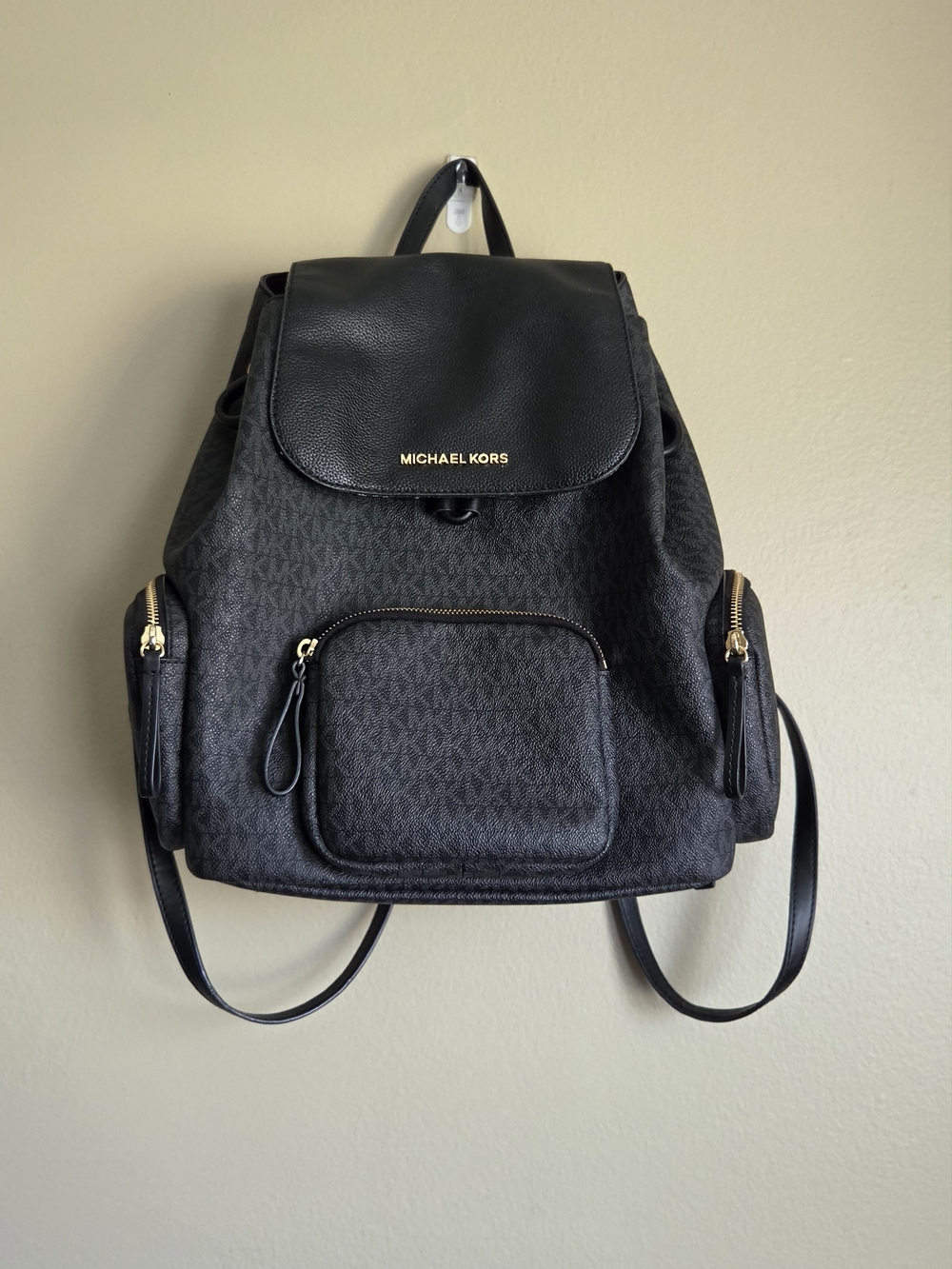 Michael Kors Black Logo Drawstring Backpack with Gold Hardware